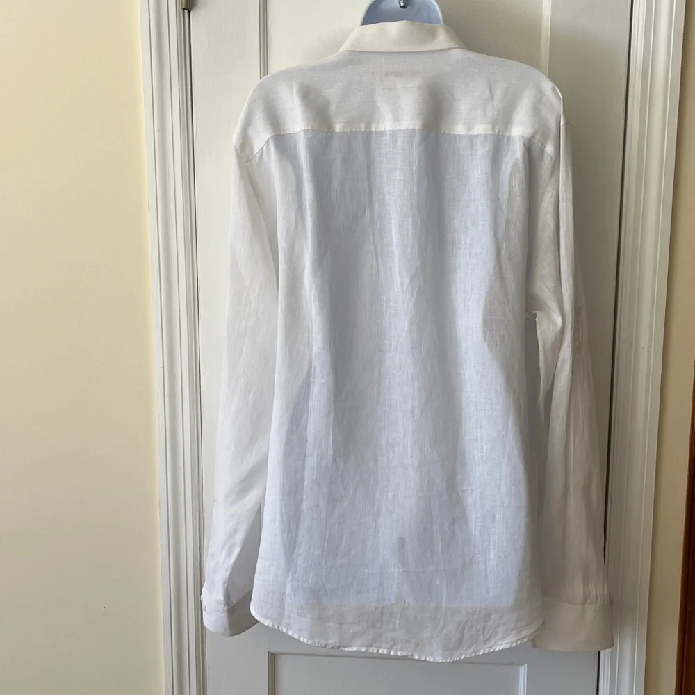 Calvin Klein Linen Shirt‎ Men’s Large White Roll Tab Sleeves Resort Quiet Luxury